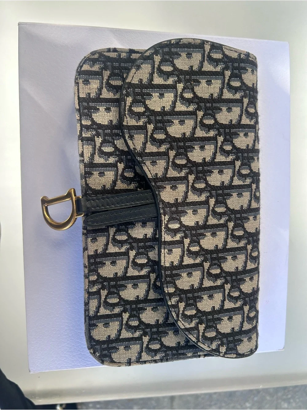 Dior Blue Navy Monogram Canvas Phone Wallet with Gold D-Ring